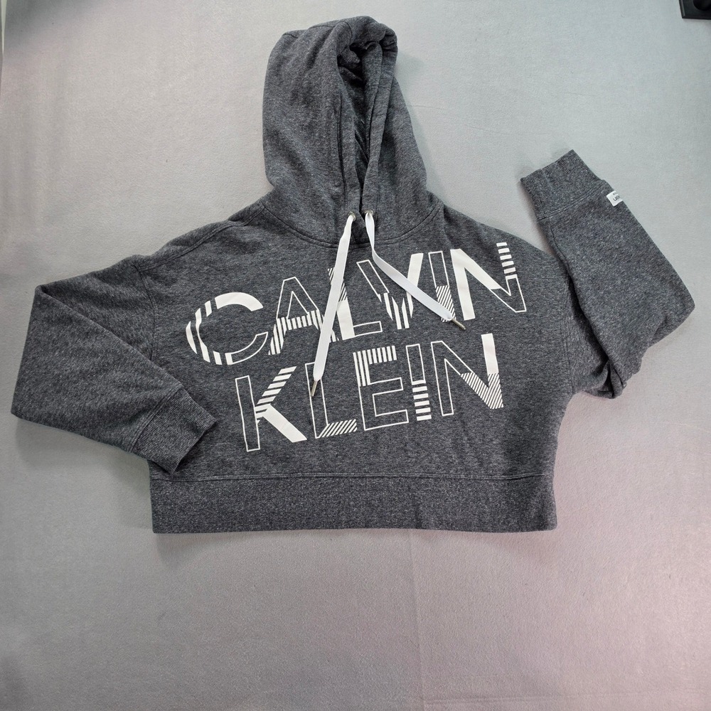 Calvin Klein Performance Womens L Gray Cropped Logo Hoodie Athleisure Sporty